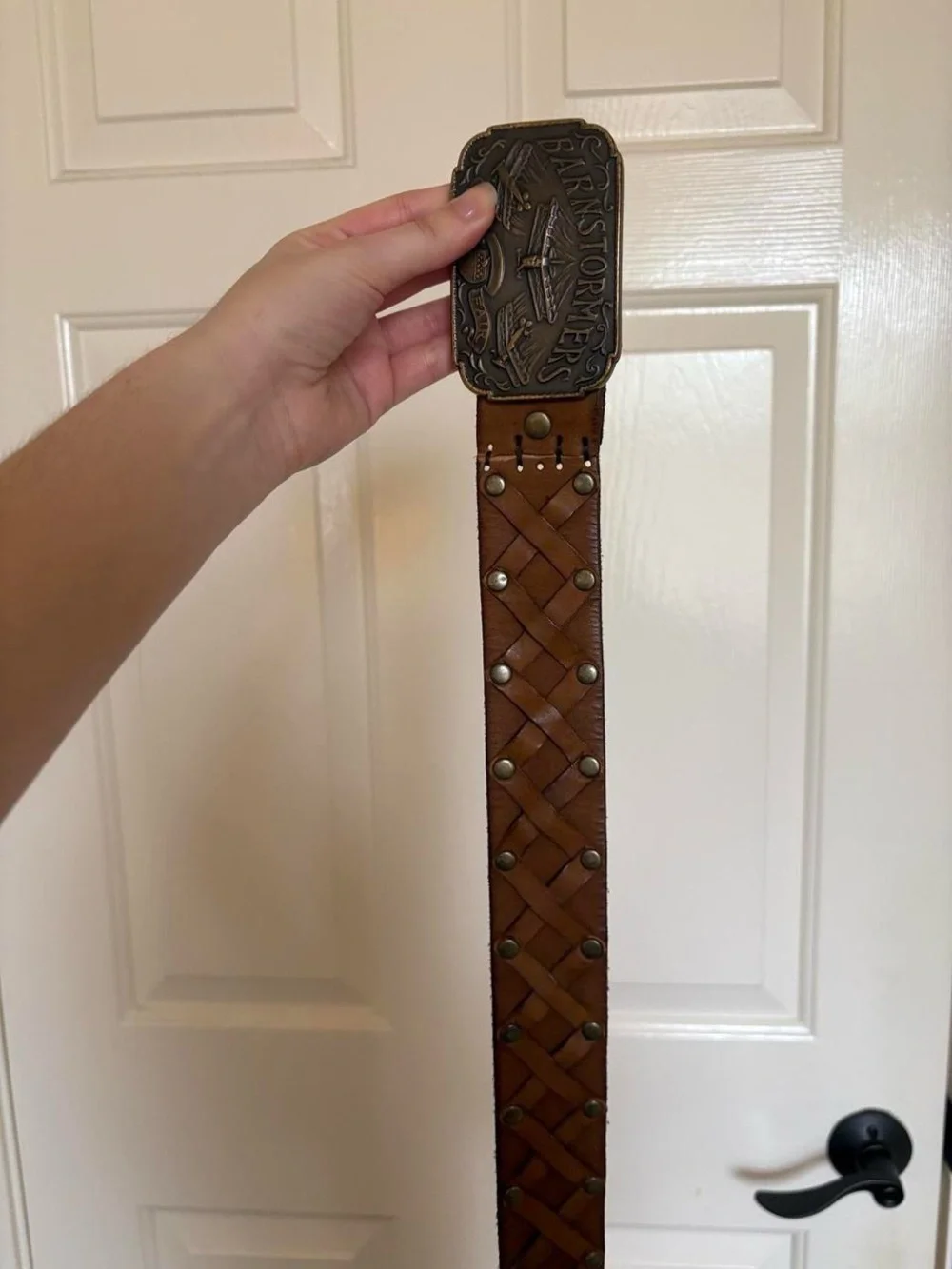 Vintage Brown Leather Braided Stud Belt with Ornate Metal Buckle